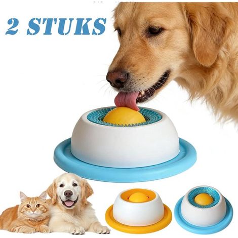 Jouets à lécher pour chiens 2 pièces – Gamelle à lécher et balle distributrice de nourriture – Balle à lécher pour chiots et petits chiens – Pour chiens et chats – Bleu jaune (1/5)