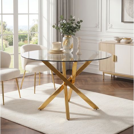 Tavolo da pranzo rotondo 80 x 80 x 75 cm in vetro temperato, gambe dorate in metallo, stile moderno (1/5)