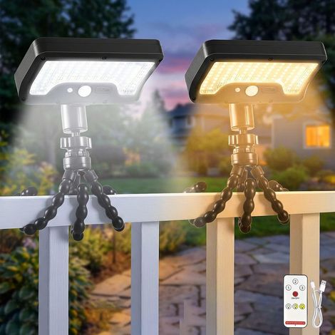 JSSEVN - Luces solares exteriores con control remoto, lámpara solar tipo trípode con sensor de movimiento para cercas, garajes, camping, entradas de vehículos, 2 unidades (1/5)