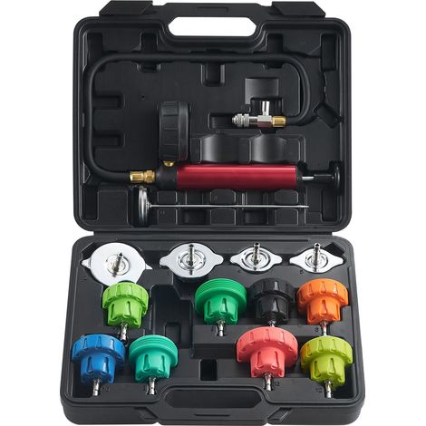 Kit de Testeur de Pression de Radiateur Universel 14 Pièces, avec Pompe Manuelle et Adaptateurs en Acier Codés par Couleur, Coffret Inclus, pour Système de Refroidissement Auto, Moto, Camion. (1/5)