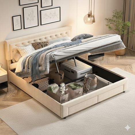 Letto 160x200 cm - Letto contenitore a doghe - Letto matrimoniale 160x200 cm - contenitore - letto imbottito 160x200 cm - beige (1/5)