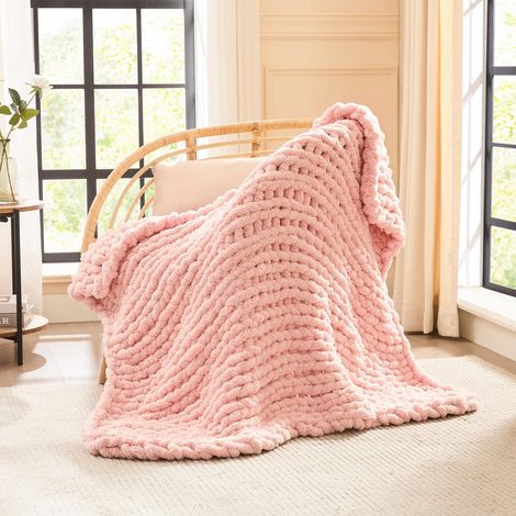 Couverture tricotée épaisse rose (130 x 160 cm) - En fil chenille doux - Couverture tricotée à la main - Couverture douillette au crochet pour canapé, lit et décoration d'intérieur (1/5)