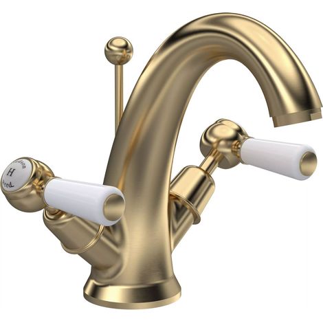 Hudson Reed Topaz Lever Mono Basin Mixer Tap Dual Handle with Pop Up Waste - Brushed Brass