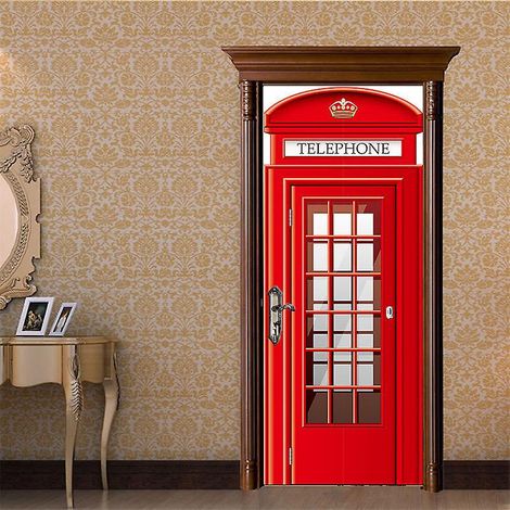 Cabine téléphonique rouge 3D sticker mural porte cave à vin - Décor mural PVC imperméable chambre, salle de bain, cuisine - 77x200cm (1/5)