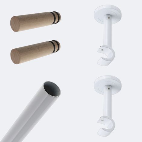 Kit de tringle à rideaux Blanc 150cm Diam.20mm Embout Cylindre Bois - Fixation Mur - Boulet (1/3)
