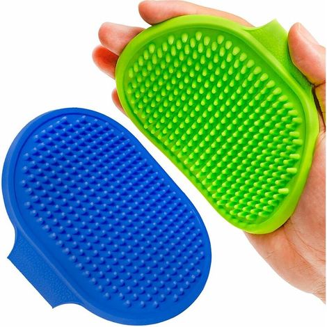 Ensemble de deux brosses de toilettage pour chiens : shampoing pour animaux, brosse de bain, masseur apaisant et peigne en caoutchouc avec manche à anneau réglable (bleu et vert). (1/5)