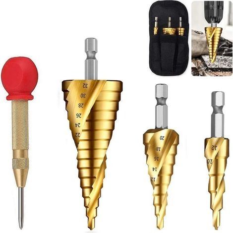 4pcs Foret Fraise Meche Etage Triangle Conique Titane avec Poinçon Centre Automatique 4-12/20/32mm (1/5)