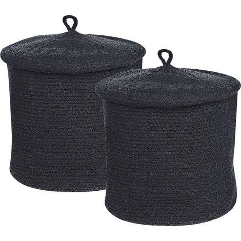 Conjunto de 2 cestas de algodón negro 32 cm patrón a rayas tapa accesorio Silopi