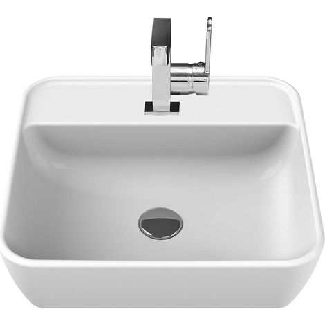 Waschtisch-Unterschrank 90 cm mit Siphonausschnitt Rechts inkl. Keramik Aufsatzwaschbecken & Regal TAREE-03 in matt weiß (1/5)