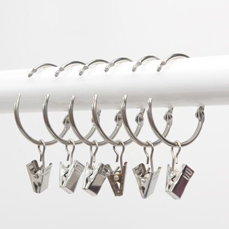 Curtain Rings, 20 Pieces Curtain Ring with Clips, Decorative Metal Drape Clip Hooks Set 40mm Inner Diameter Silver, Rustproof, Easy Open Clip Rings, Stainless Steel (1/5)