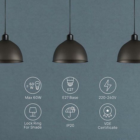 Suspension E27 avec écrou à vis, câble en tissu réglable de 100cm, suspension compatible avec abat-jour, fixation idéale pour suspension de cuisine, noir (1/4)
