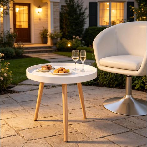 Tavolino rotondo 50 x 44 cm bianco e quercia, in MDF E1 e pino, con bordo, DESVIAE (1/4)