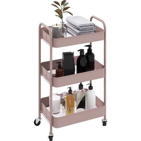 Cart of kitchen to 3 levels with handles and 4 wheels, steel, 45 x 30,6 x 79 cm, pink (1/5)