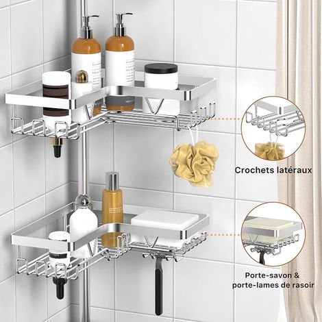 Etagere Douche - Etagere Telescopique sans Percage, Tablette d'angle Réglable en Hauteur avec 4 Paniers, Argent (1/2)