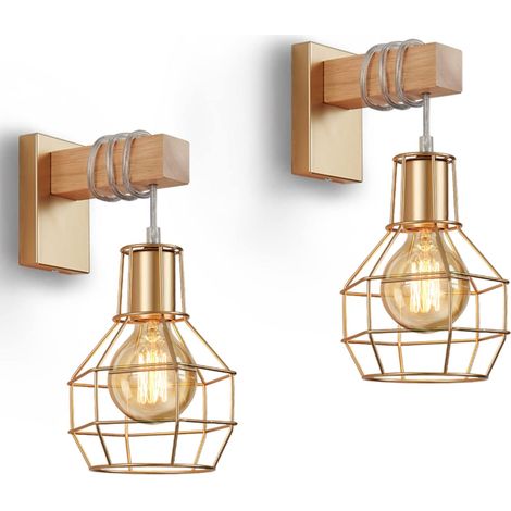 ZOLGINAH 2 lámparas de pared de jaula para interiores, lámpara de pared de madera y metal industrial vintage, lámpara de pared con base E27 para dormitorio, cocina, comedor, dorado sin (1/5)