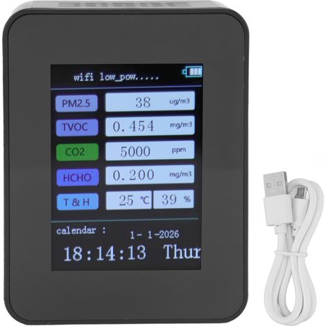 Détecteur de qualité d'air intérieur TUYA WiFi intelligent PM2.5 Formaldéhyde Test 7 en 1 Calendrier Heure Fonction Moniteur Air Noir Version WIFI VOC (1/5)