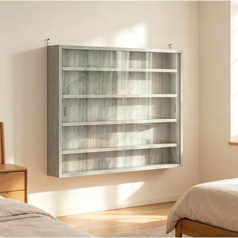 Graue Wandvitrine mit Glasschiebetüren 80 x 9,5 x 60 cm OKWISH (1/5)