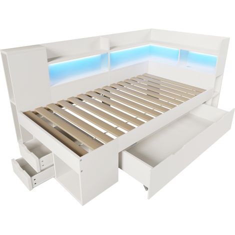 Tagesbett 90 x 200 cm Weiß mit LED-Beleuchtung, USB- und Typ-C-Ladestation, Stauraum und Schubladen (1/5)