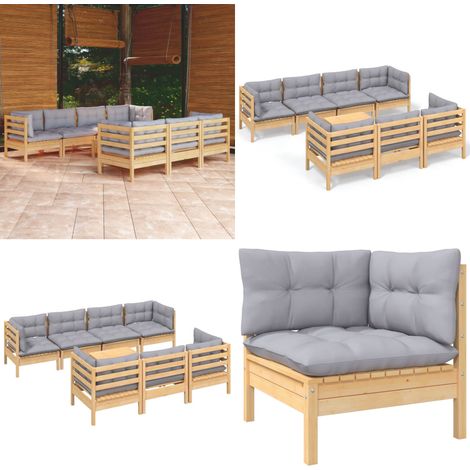 8-tlg. Garten-Lounge-Set mit Grauen Kissen Kiefer Massivholz - Garten Lounge Set - Kiefernholzmöbel - Outdoor Möbel - Gartenzubehör - Loungemöbel - Home & Living (1/5)