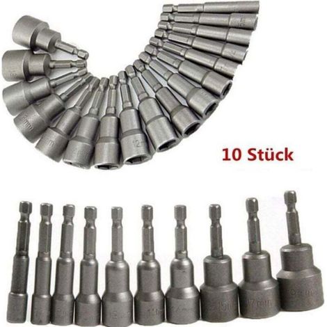 Douille Magnétique - Adaptateur Embout Pour Visseuse - Mandrin Carré 1/4 Pouces - 10 Pièces - 6 7 8 10 12 13 14 15 17 19 mm (1/5)