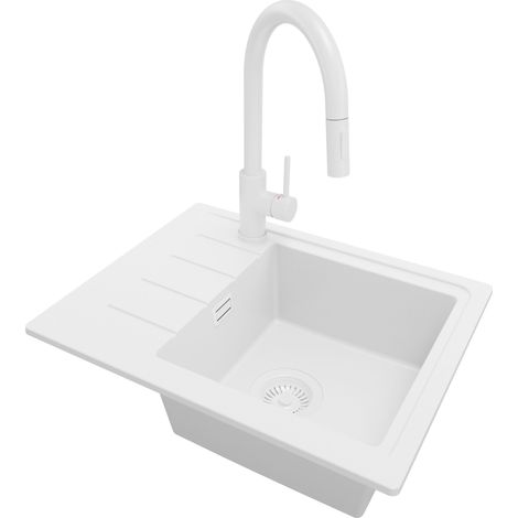 PRIMAGRAN Evier Cuisine en Granit 55x44cm, Lavabo 1 bac + Robinet 40x20cm + Kit de Vidage, Évier à Encastrer au meuble 45cm - Copenhague Easy, Tout Blanc