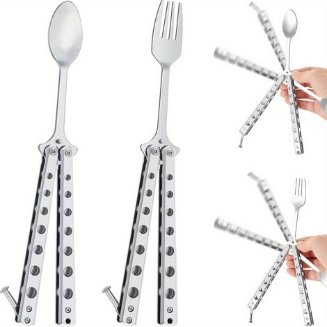 Ensemble de 2 pièces : fourchette et cuillère papillon, cuillère et fourchette pliantes en acier inoxydable, idéal pour le camping. (1/5)