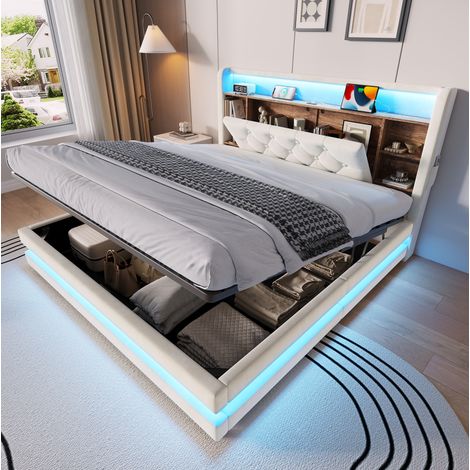 Lit double coffre 140x200 cm en velours beige avec LED, rangement intégré, sans matelas – MEUBLIV (1/5)