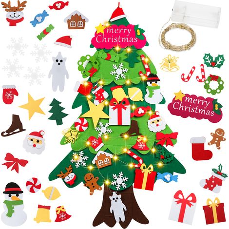 TolleTour Albero di Natale in feltro fai da te per bambini, set decorativo natalizio con 33 ornamenti removibili, chiusura a strappo da parete 105x70cm (1/5)