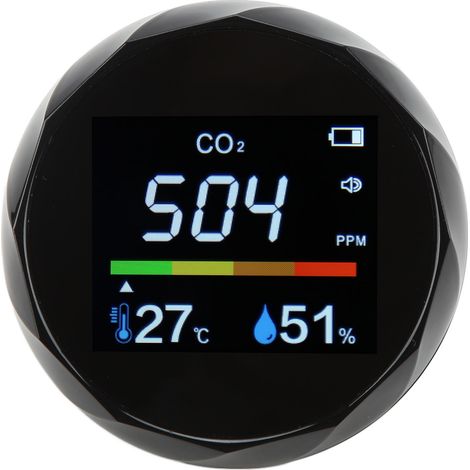 CO2-Monitor, Kohlendioxid, Temperatur, Luftfeuchtigkeit, 3-in-1-Luftqualitätsmessgerät, tragbar, ZN‐2CO6, Schwarz (1/5)