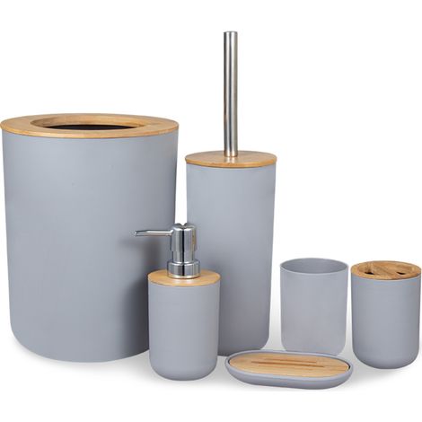 Badezimmer-Accessoire-Set aus Bambus, bestehend aus Seifenspender, Zahnbürstenhalter, Becher und Seifenschale – ideal zur Dekoration der Waschtischplatte. – AquaForge (1/5)