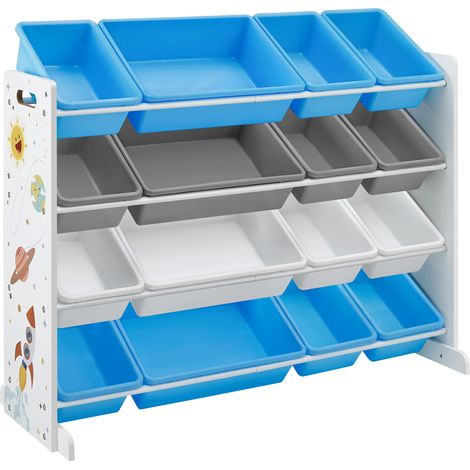 Meuble de Rangement Enfant, Organisateur Jouets 4 Niveaux, Étagère avec 16 Bacs en Plastique, pour Chambre d'enfant, Salle de Jeux, Salon, Blanc, Bleu et Gris GKR070W03 (1/5)