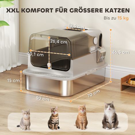 XXL Edelstahl-Katzentoilette mit Klappdeckel, Katzenklo mit Schaufel, für große Katzen bis zu 15 kg, leicht zu reinigen (1/5)