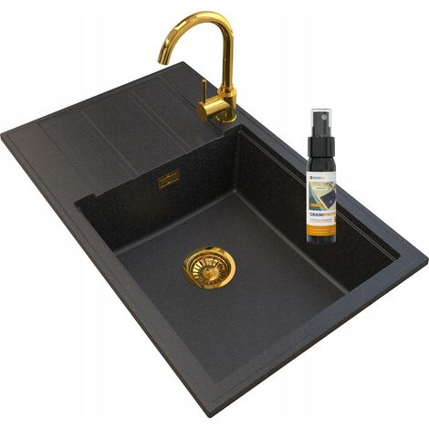 Évier de Cuisine en Granit 80 x 50 cm Noir Pailleté Or, 1 Cuve avec Égouttoir, Robinet BETA Doré, Siphon Doré, GraniProtect 30 ml LOUIS GOLDEN LINE (1/5)