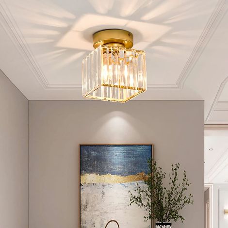 Plafonnier en Cristal Moderne, Mini Lustre Doré E27 Abat-Jour Carré, pour Couloir Entrée Cuisine Chambre Salon (Doré) (1/5)