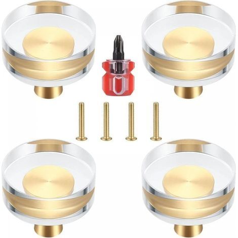 Lot de 4 Boutons de Porte en Cristal Transparent et Laiton pour Armoires, Tiroirs, Placards et Meubles - 30x27 mm (1/5)