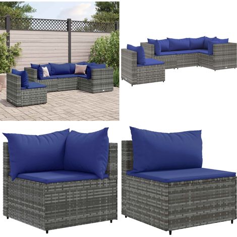 5-tlg. Garten-Lounge-Set mit Kissen Grau Poly Rattan - Gartengeset - Loungeset - Gartenmöbel - Rattan Möbel - Gartenloungesessel - Home & Living