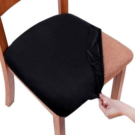 A set of 4 stretch velvet, removable and washable dining chair covers with straps, black. (1/4)