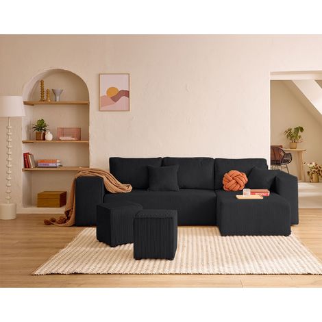 Bestmobilier – Canapé d'angle réversible 4 places convertible – Velours côtelé doux – Rangement poufs et tablettes – Couchage 135x205 cm (1/5)