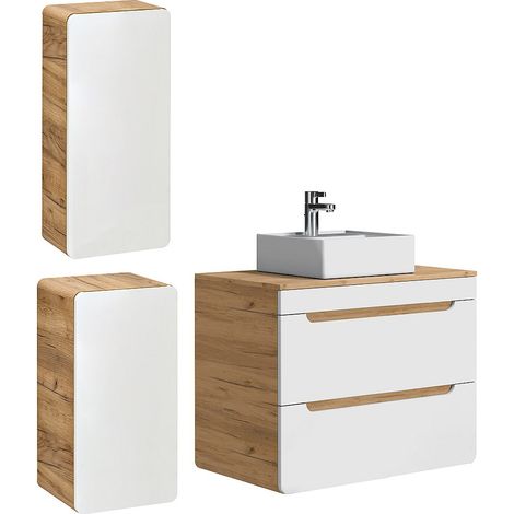 Mobile per bagno sospeso con lavabo da appoggio e due colonne 80 cm Naturale e Bianco - ARUBA