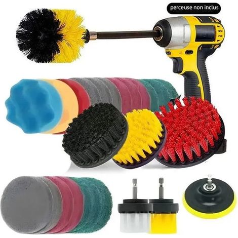 Kit de 27PCS Brosse Perceuse,Broches Nettoyage Rotative Voiture Brosse Visseuse pour Voiture/Jantes/Baignoire/Carrelage/Cuisine (1/5)