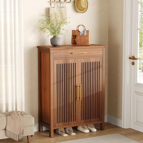 Tribesigns Shoe Cabinet, 5-Tier Narrow Shoe Cabinet with Louvered Doors and Drawer, Adjustable for Entryway, Hallway, Wardrobe, 80  36  110cm, Brown