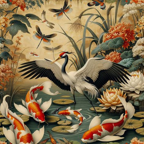 Papier peint panoramique - Carpes Chinois Oiseau - 130 cm x 130 cm (1/2)