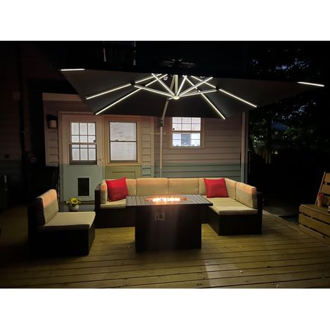 PURPLE LEAF parasol déporté carré 3 × 3 m, rotation 360°, double toit ventilé, panneau solaire intégré, 8 baleines LED en aluminium, pour jardin, cour et piscine, Gris (1/5)