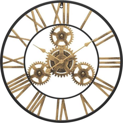 50 cm Noire Industrielle Bois Vintage Pendule Murale Steampunk Chiffres Romains pour Salon Bar Bureau (1/3)