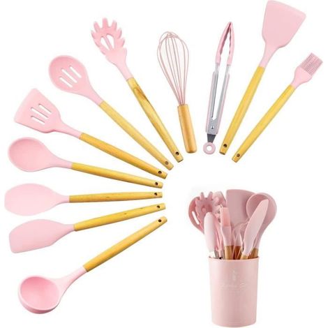 11 pièces ustensiles cuisine silicone, manche en pin, anti-rayures, va au lave-vaisselle, idéal pour cuisiniers débutants et confirmés (1/4)
