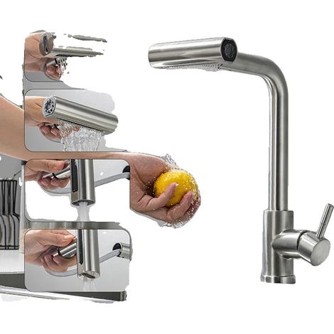 Robinet de cuisine, bec rétractable, 4 modes de pulvérisation, nickel brossé (1/2)
