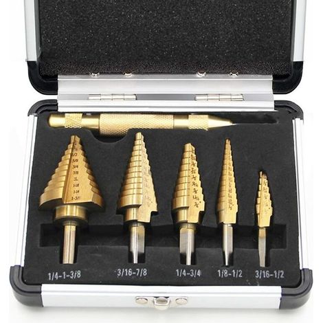 6-teiliges Set HSS-Stufenbohrer mit automatischem Vorschub, Titanbeschichtung und Aluminiumgehäuse, Mehrloch-Stufenbohrer-Set für Kunststoff, Holz und Metall (1/5)