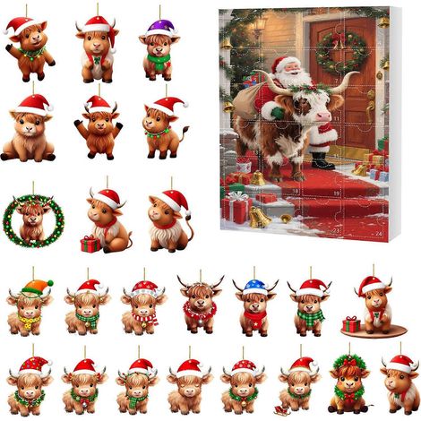 Calendrier de l'Avent Vache des Highlands, compte à rebours de 24 jours jusqu'à Noël, pendentif mural plat en acrylique 2D pour la décoration de la maison, de la fenêtre ou de la cheminée (1/5)