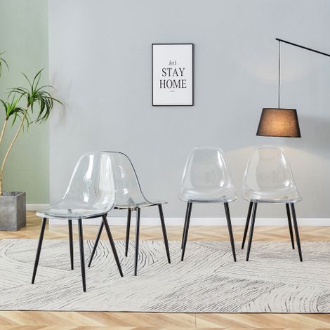 4er-Set transparente Kunststoff-Esszimmerstühle. Mit schwarzen Metallbeinen, stabil und rutschfest, leicht zu reinigen. Passend für modernes, minimalistisches Esszimmer, Büro usw.