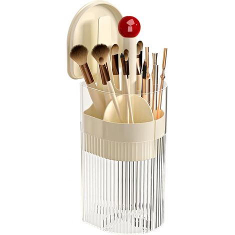 Porte-pinceaux de maquillage avec couvercle, boîte de rangement cosmétique à ouverture facile, porte-pinceaux transparent, couleur crème, boule rouge